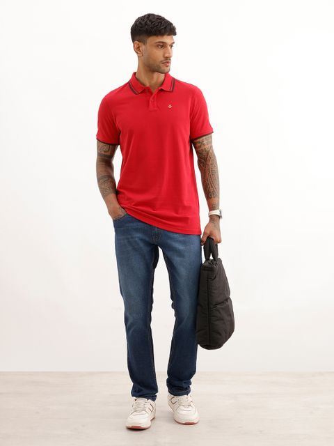 WROGN Men Solid Polo Neck Pure Cotton Red T-Shirt - Image 6