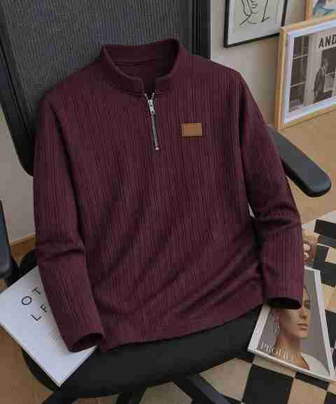 PRAIZY Men Striped Mandarin Collar Cotton Blend Purple T-Shirt - Image 5