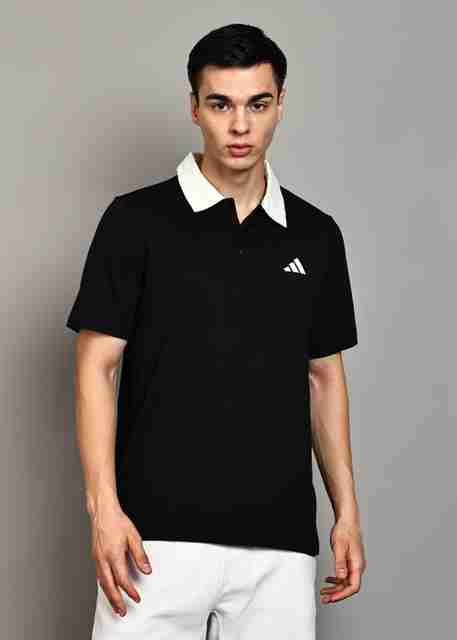 ADIDAS Men Solid Polo Neck Pure Cotton Black T-Shirt - Image 5