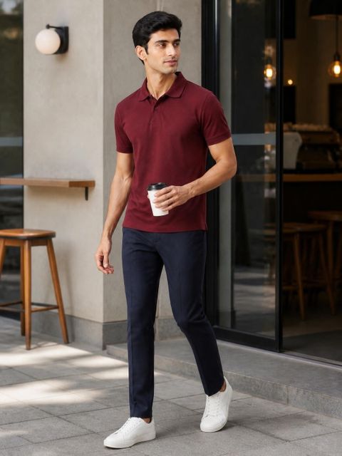 Allen Solly Men Solid Polo Neck Cotton Blend Maroon T-Shirt - Image 6