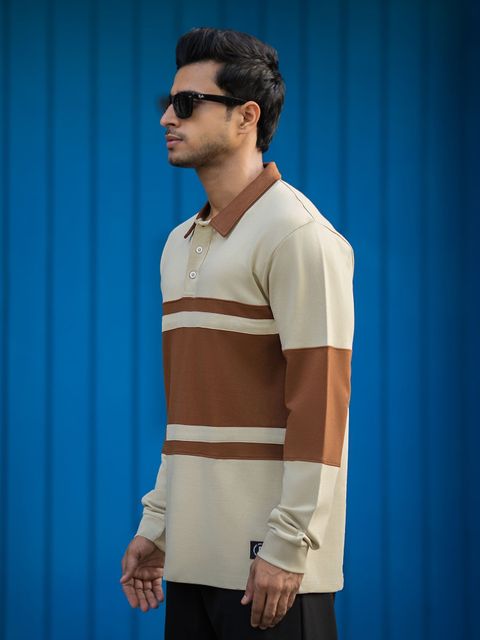 MANIAC Men Colorblock Polo Neck Cotton Blend T-Shirt (Beige) - Image 8