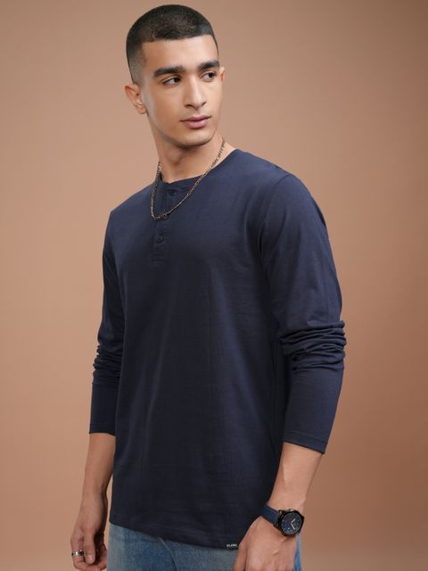 HIGHLANDER Men Solid Round Neck Pure Cotton Dark Blue T-Shirt - Image 8
