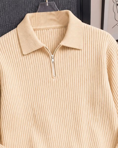 AOOSH Men Self Design Zip Neck Cotton Blend Beige T-Shirt - Image 8
