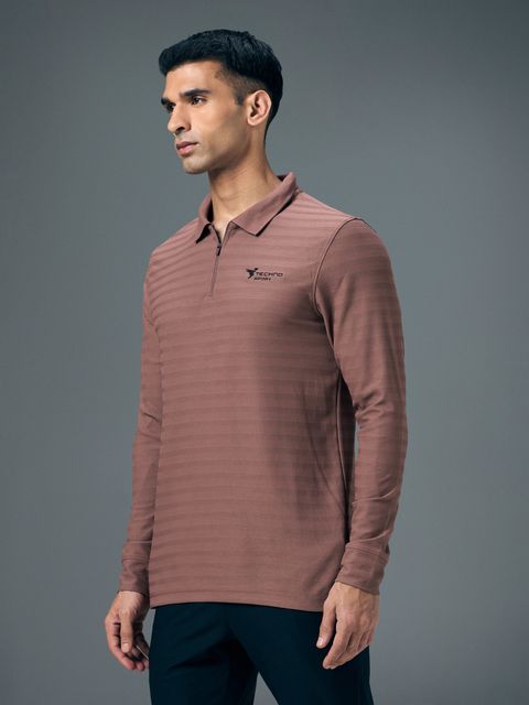 TECHNOSPORT Men Striped Zip Neck Polyester Red T-Shirt - Image 4