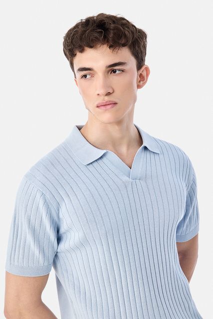 Snitch Men Solid Polo Neck Pure Cotton Blue T-Shirt - Image 7