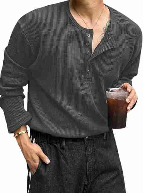The Modern Soul Men Solid Henley Neck Cotton Blend Grey T-Shirt - Image 5