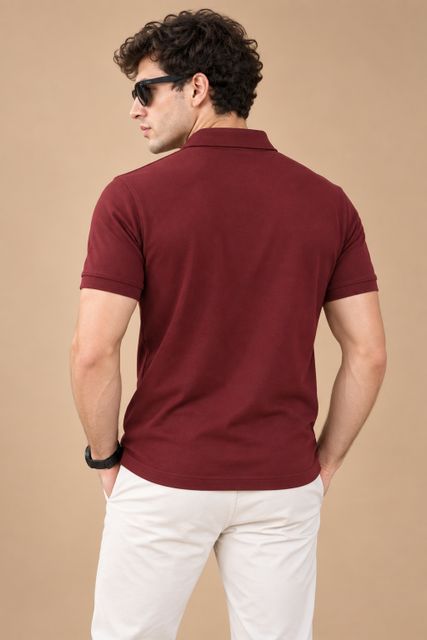 Roadster Men Solid Polo Neck Pure Cotton Maroon T-Shirt - Image 7