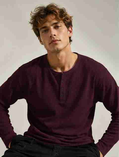 NOOK Men Self Design Henley Neck Cotton Blend Maroon T-Shirt - Image 5