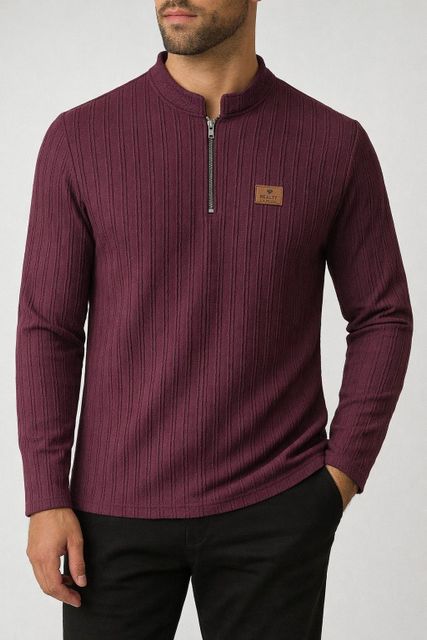 PRAIZY Men Striped Mandarin Collar Cotton Blend Purple T-Shirt - Image 7