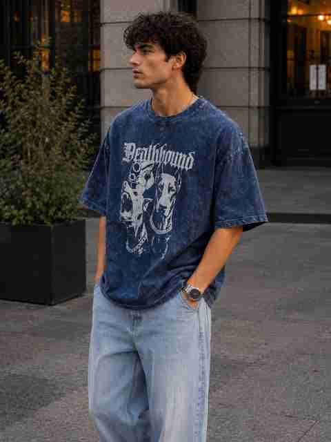 MADSTO Men Printed Round Neck Pure Cotton Dark Blue T-Shirt - Image 5
