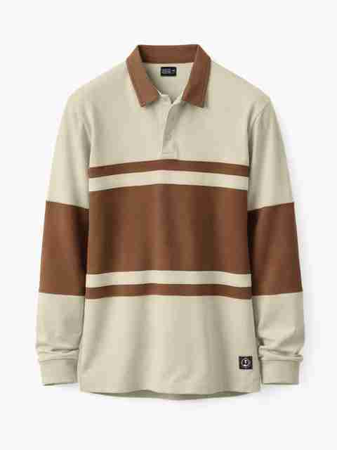 MANIAC Men Colorblock Polo Neck Cotton Blend T-Shirt (Beige) - Image 5