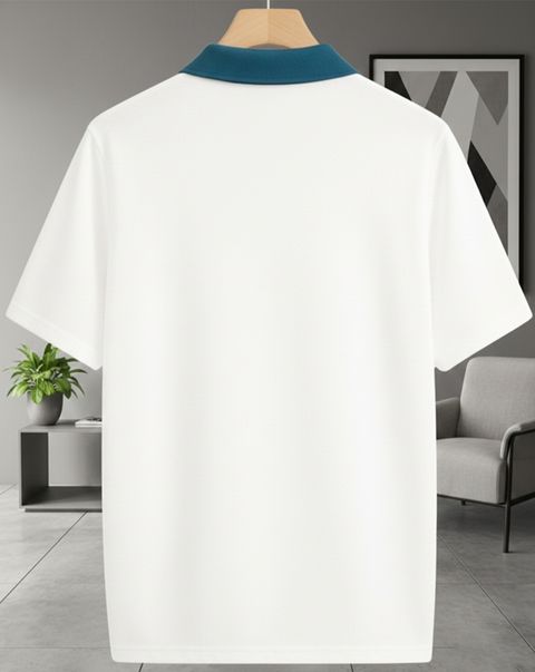 METRONAUT Self Design Men Polo Neck Cotton Blend White, Dark Blue T-Shirt - Image 3