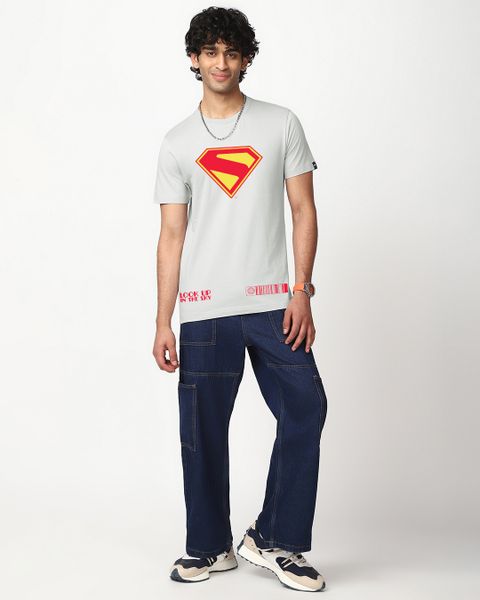 BEWAKOOF Superman Men Graphic Print Round Neck Pure Cotton Grey T-Shirt - Image 5