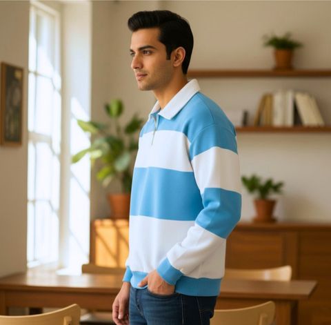 Try This Men Colorblock Polo Neck Cotton Blend Light Blue, White T-Shirt - Image 4