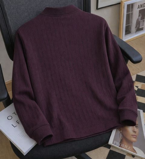 PRAIZY Men Striped Mandarin Collar Cotton Blend Purple T-Shirt - Image 6