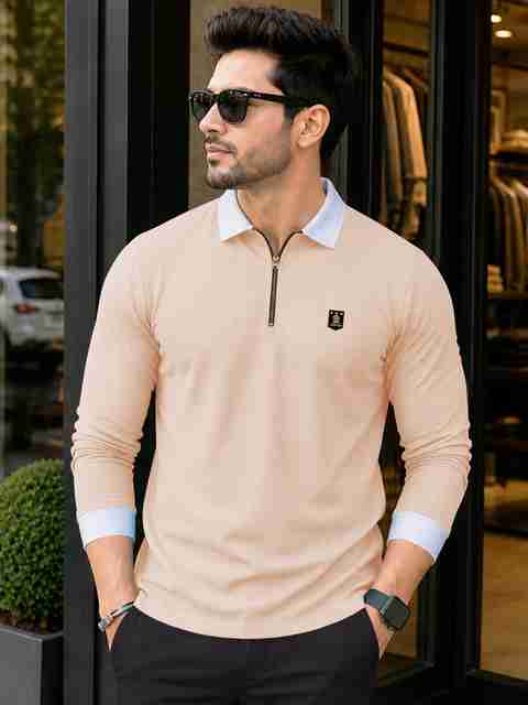 VeBNoR Men Self Design Polo Neck Polyester Beige T-Shirt - Image 5