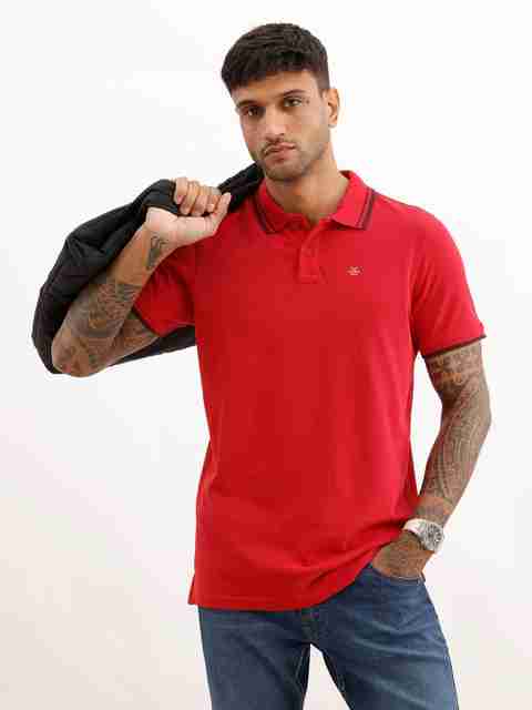 WROGN Men Solid Polo Neck Pure Cotton Red T-Shirt - Image 5