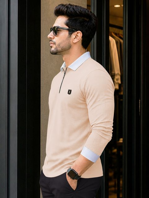 VeBNoR Men Self Design Polo Neck Polyester Beige T-Shirt - Image 8