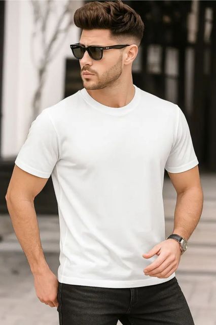 SHYAMIT Men's Solid Round Neck Polyester T-Shirt (White) - Image 6
