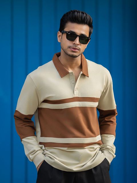 MANIAC Men Colorblock Polo Neck Cotton Blend T-Shirt (Beige) - Image 6