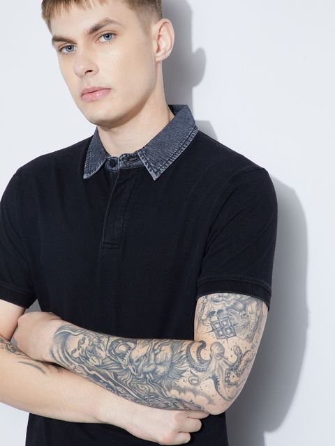 Forca by Lifestyle Men Solid Polo Neck Cotton Blend Black T-Shirt - Image 4