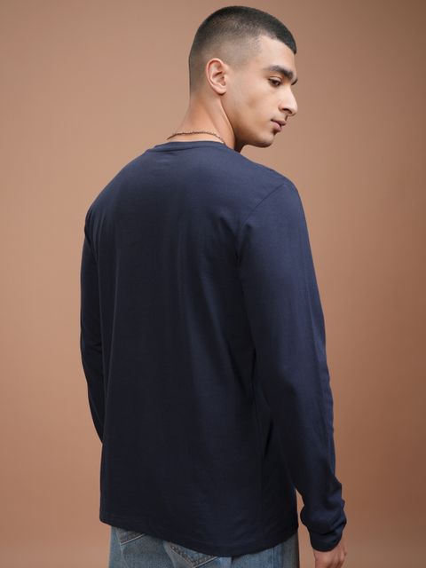 HIGHLANDER Men Solid Round Neck Pure Cotton Dark Blue T-Shirt - Image 6