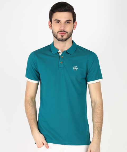WROGN Men Solid Polo Neck Cotton Blend Dark Green T-Shirt - Image 6