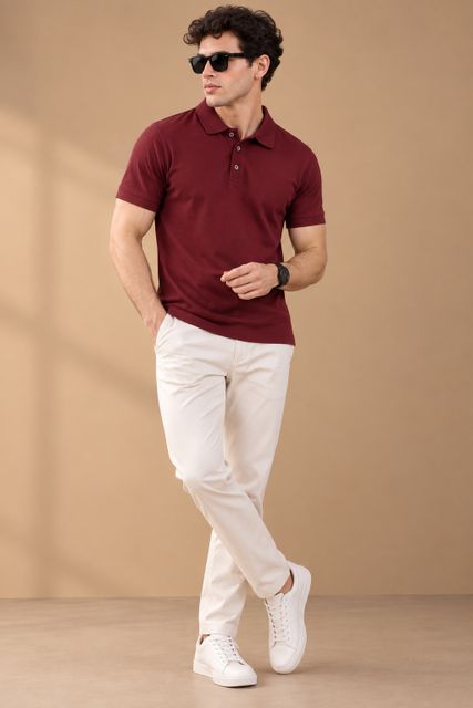 Roadster Men Solid Polo Neck Pure Cotton Maroon T-Shirt - Image 8