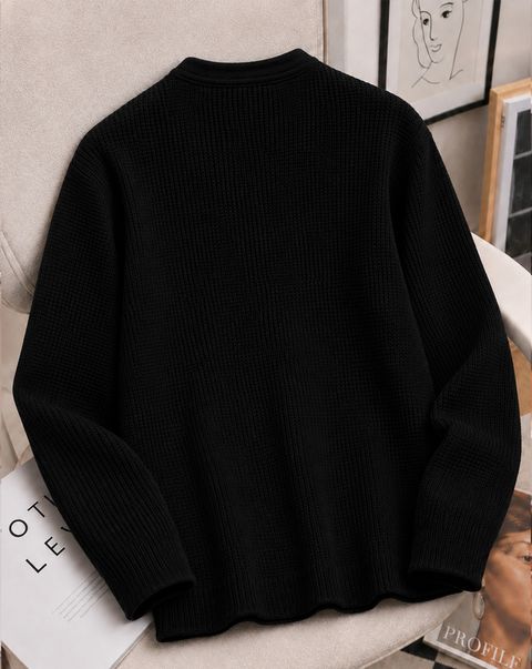 AOOSH Men Self Design Henley Neck Cotton Blend Black T-Shirt - Image 6