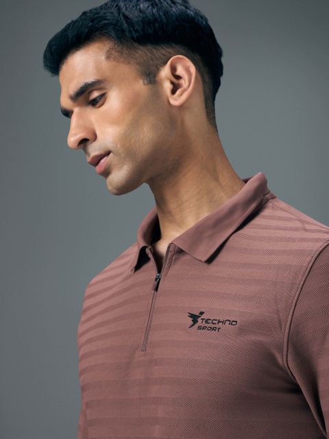 TECHNOSPORT Men Striped Zip Neck Polyester Red T-Shirt - Image 6