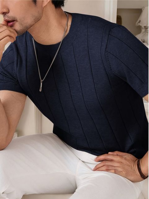 sti Men Self Design Pure Cotton Blue T-Shirt - Image 7