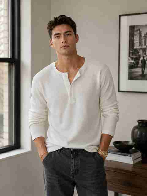 NetClick Men Self Design Henley Neck Cotton Blend White T-Shirt - Image 5