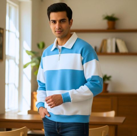 Try This Men Colorblock Polo Neck Cotton Blend Light Blue, White T-Shirt - Image 3