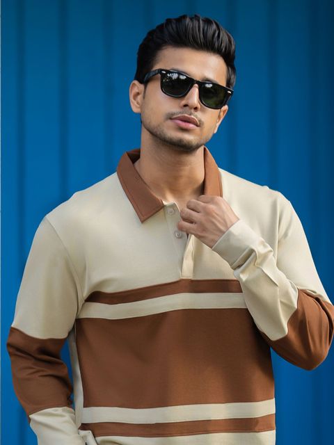 MANIAC Men Colorblock Polo Neck Cotton Blend T-Shirt (Beige) - Image 7