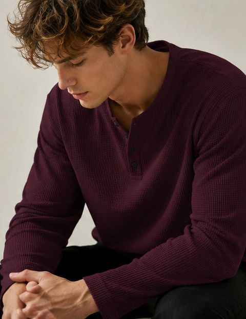 NOOK Men Self Design Henley Neck Cotton Blend Maroon T-Shirt - Image 7