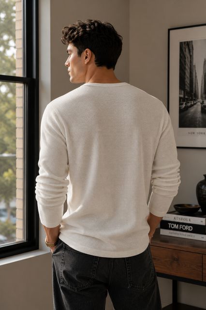 NetClick Men Self Design Henley Neck Cotton Blend White T-Shirt - Image 6