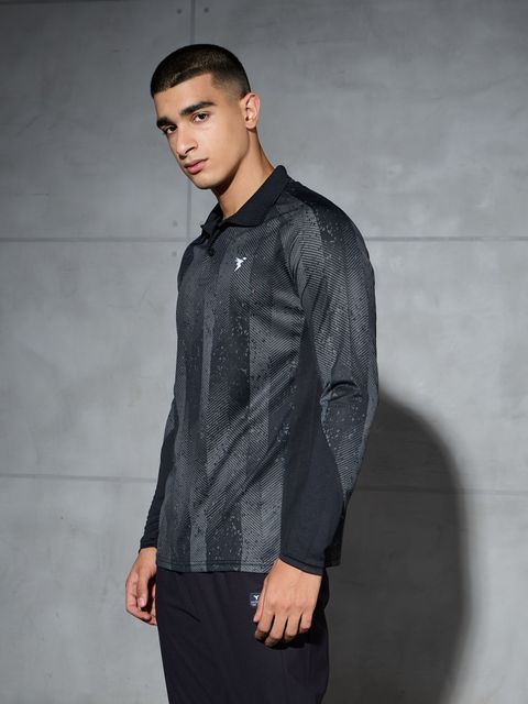 TECHNOSPORT Men Printed Polo Neck Polyester Black T-Shirt - Image 7