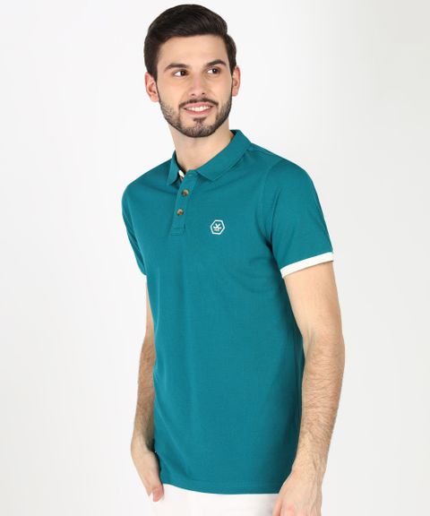 WROGN Men Solid Polo Neck Cotton Blend Dark Green T-Shirt - Image 8