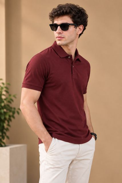 Roadster Men Solid Polo Neck Pure Cotton Maroon T-Shirt - Image 4