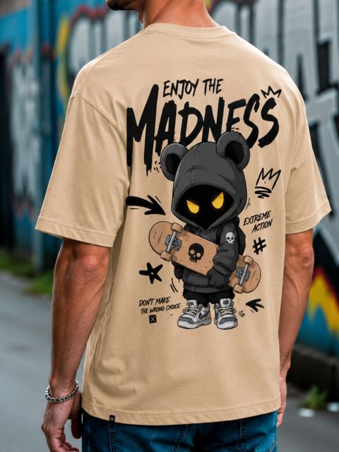 Madilyn Men Printed Round Neck Pure Cotton Black, Beige T-Shirt - Image 7