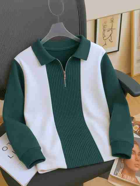 GLOBAL NOMAD Men Colorblock Zip Neck Cotton Blend Green, White T-Shirt - Image 5