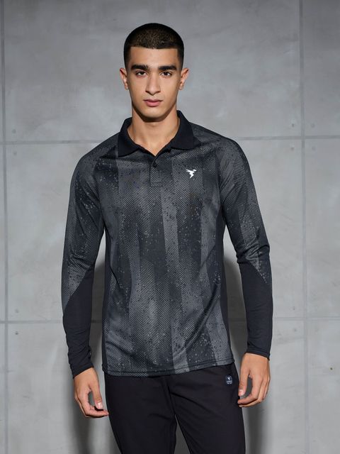 TECHNOSPORT Men Printed Polo Neck Polyester Black T-Shirt - Image 8