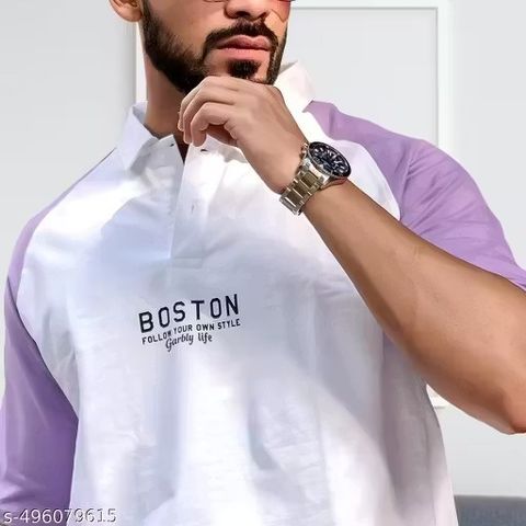 PATOIS Men Colorblock Polo Neck Cotton Blend Purple T-Shirt - Image 6