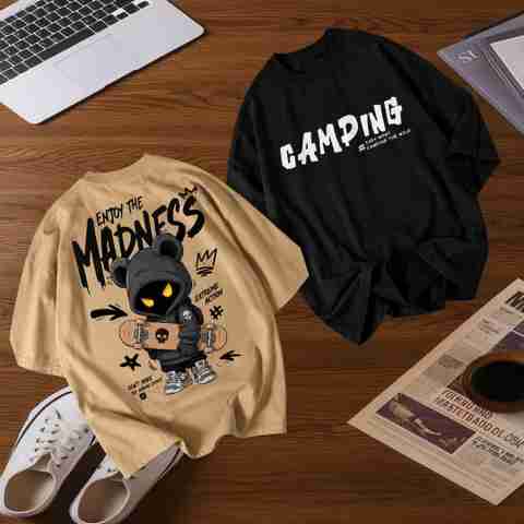 Madilyn Men Printed Round Neck Pure Cotton Black, Beige T-Shirt - Image 5