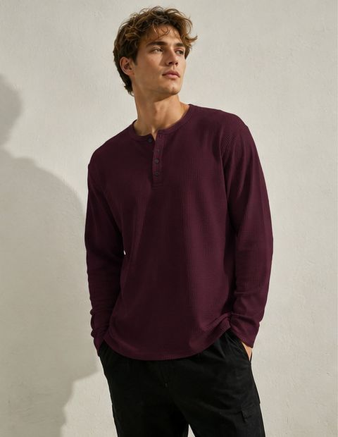 NOOK Men Self Design Henley Neck Cotton Blend Maroon T-Shirt - Image 6