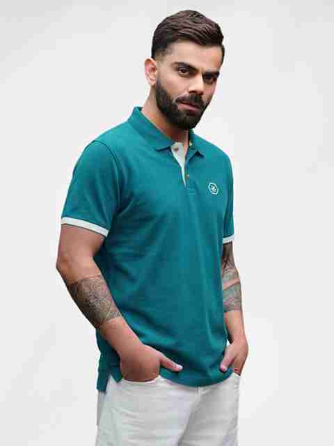 WROGN Men Solid Polo Neck Cotton Blend Dark Green T-Shirt - Image 5
