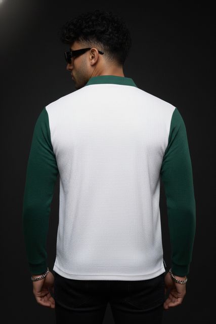 GLOBAL NOMAD Men Colorblock Zip Neck Cotton Blend Green, White T-Shirt - Image 6