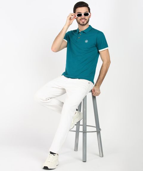 WROGN Men Solid Polo Neck Cotton Blend Dark Green T-Shirt - Image 7