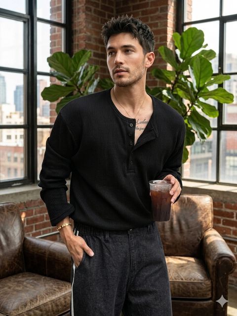 HeraDawn Men Striped Henley Neck Polyester Black T-Shirt - Image 8