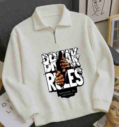 Chain Link Men Printed Zip Neck Cotton Blend White T-Shirt - Image 5